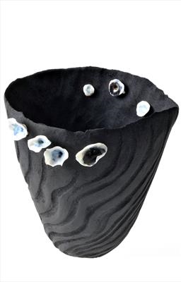 Carved Black pinch pot with porcelain buttons